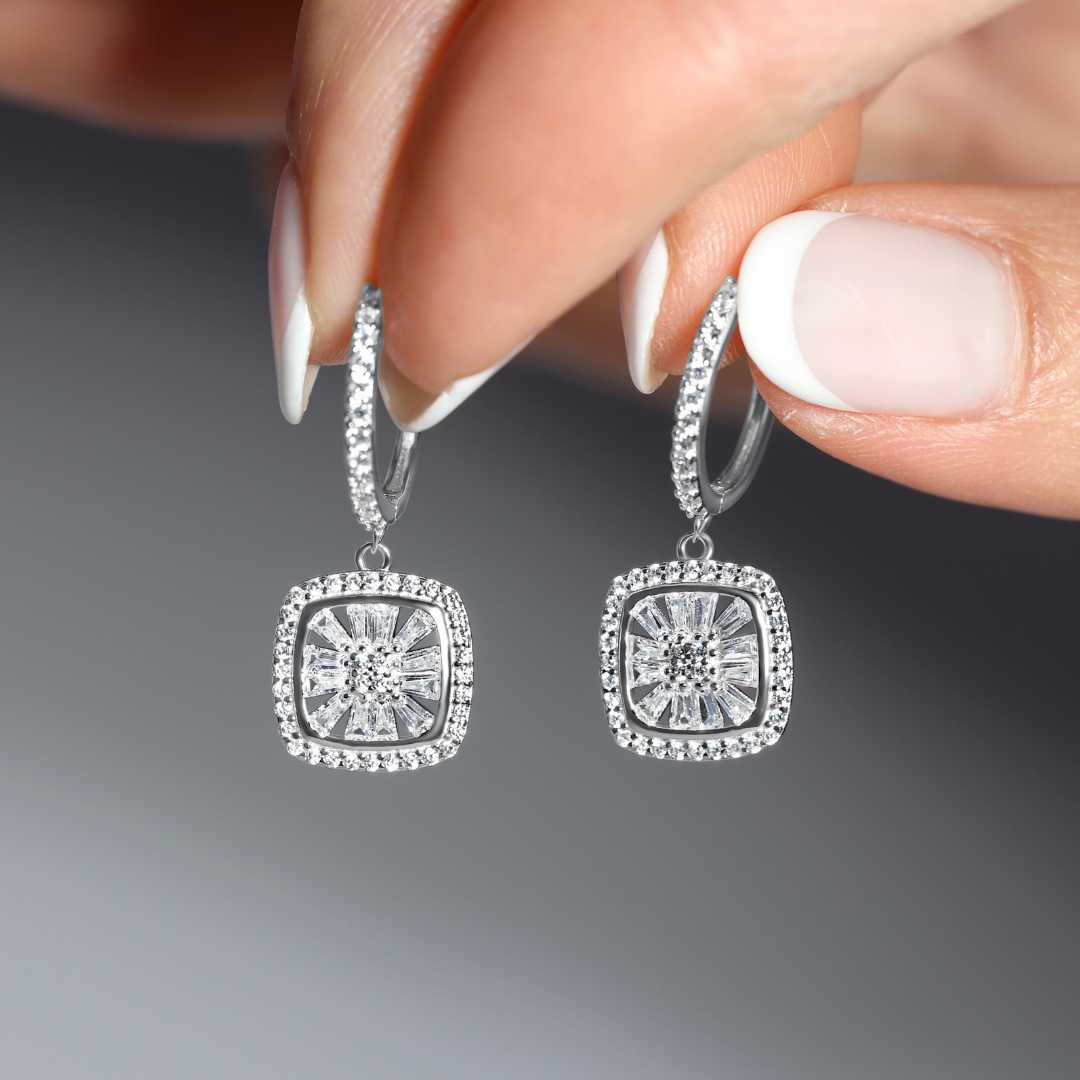 Halo Princess Cut Baguette Dangling Earrings