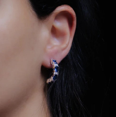 Sapphire Silver Crescent Hoops