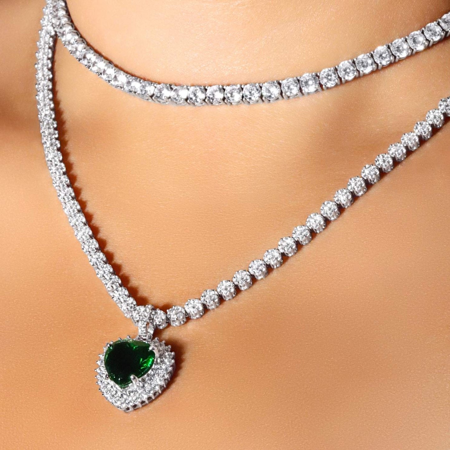 Emerald Green Heart Tennis Necklace
