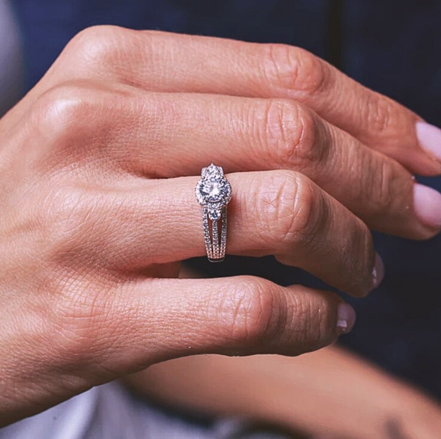 3 Stone Halo Engagement Ring