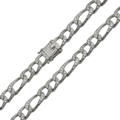 Iced Out Silver Figaro Chain - 8.2mm