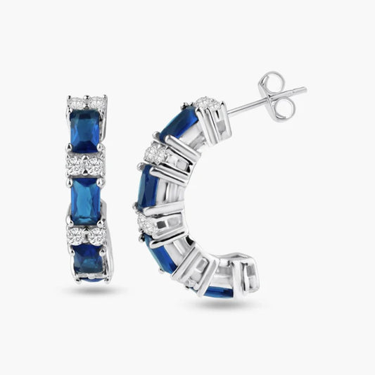 Sapphire Silver Crescent Hoops
