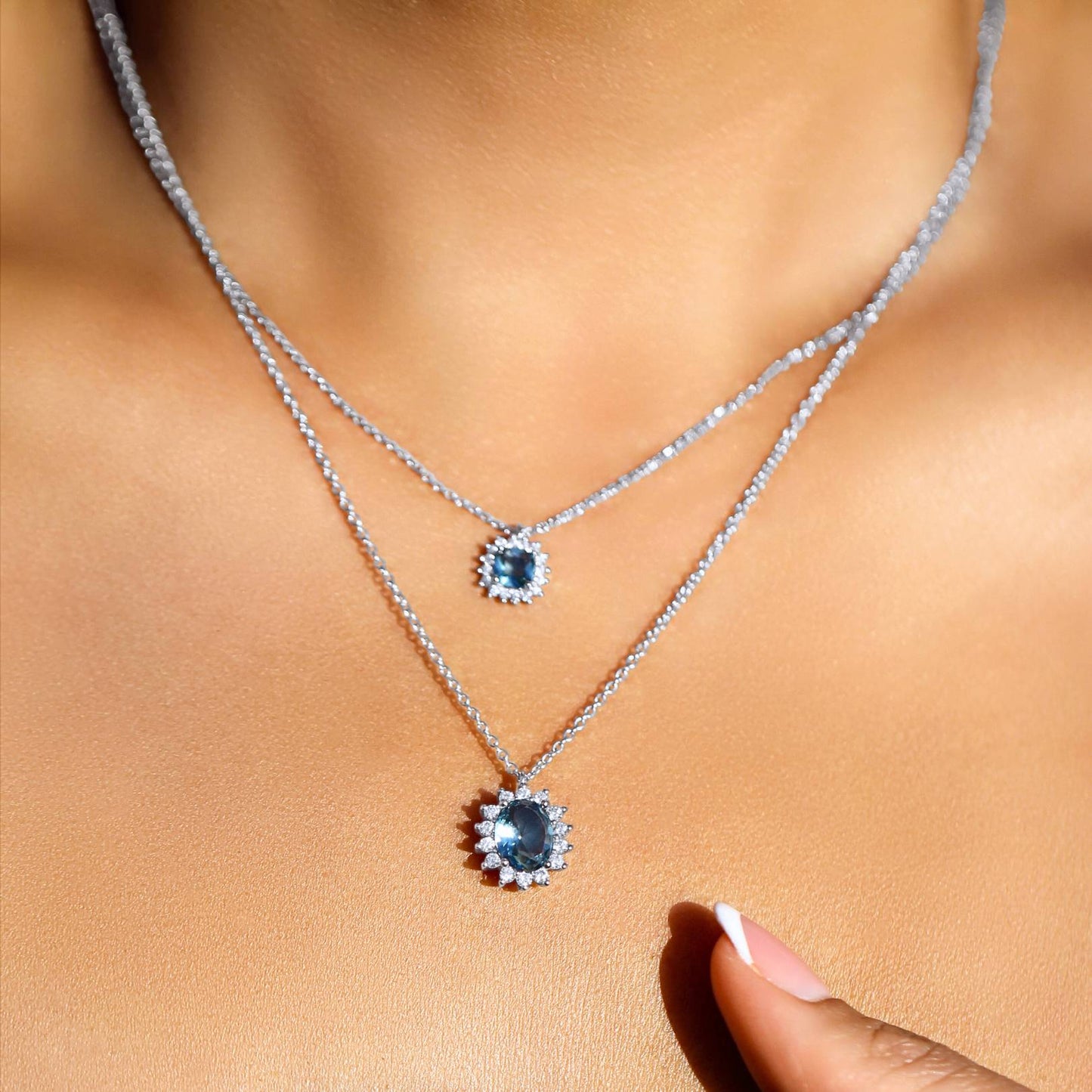 Blue Topaz Halo Necklace & Earrings