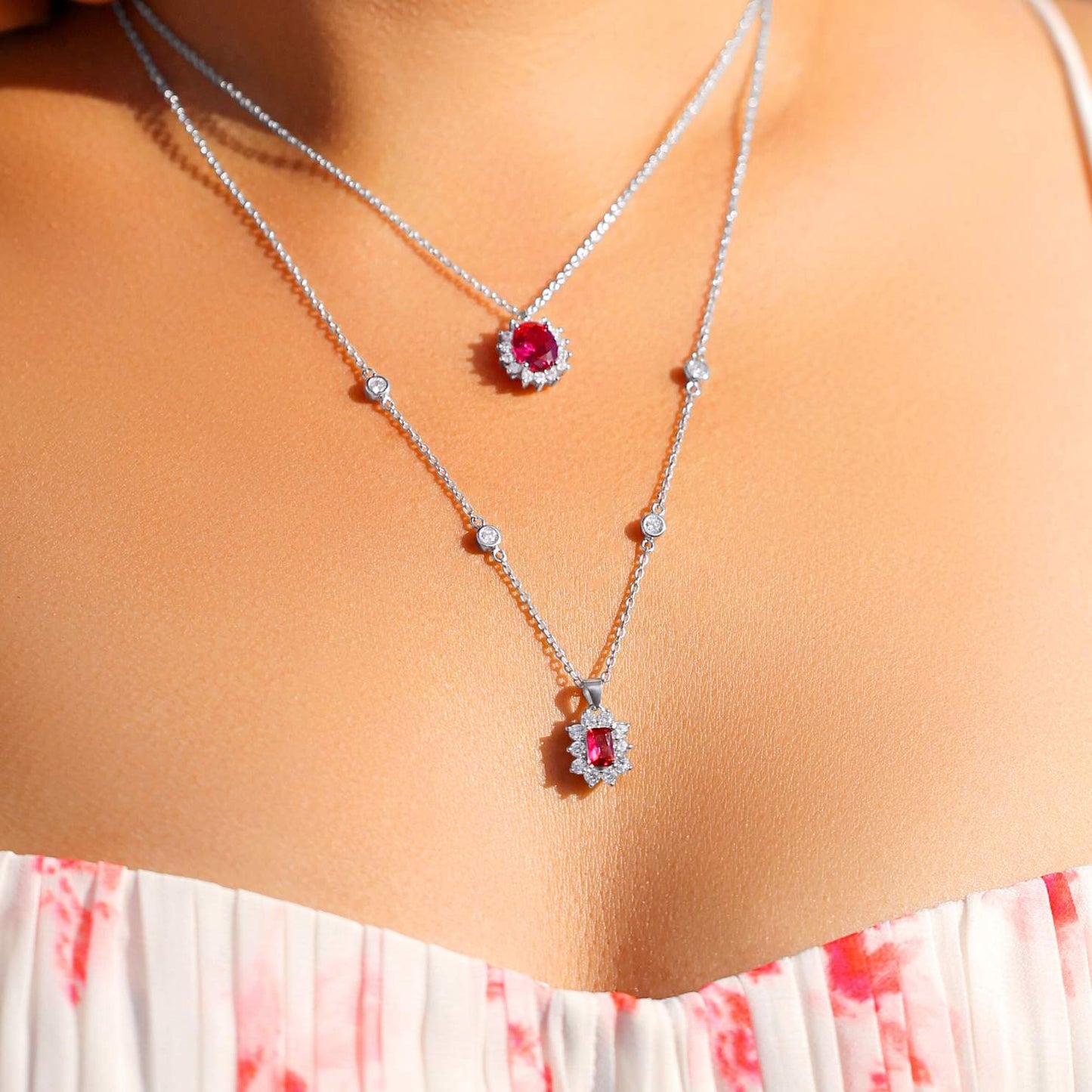 Blue Topaz & Ruby Oval Halo Set