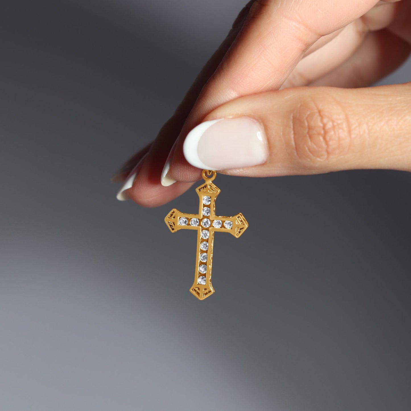 14 Karat Solid Gold Simulated Diamond Cross