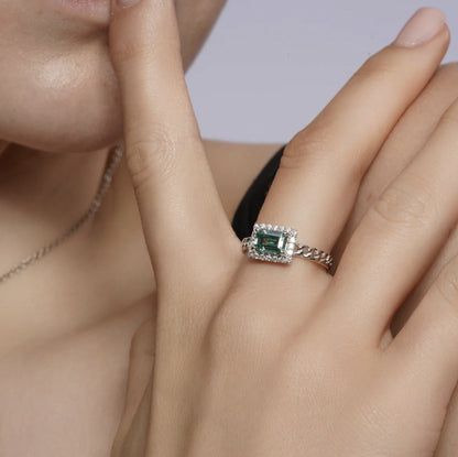 Rare Blue Green Emerald Cut Ring