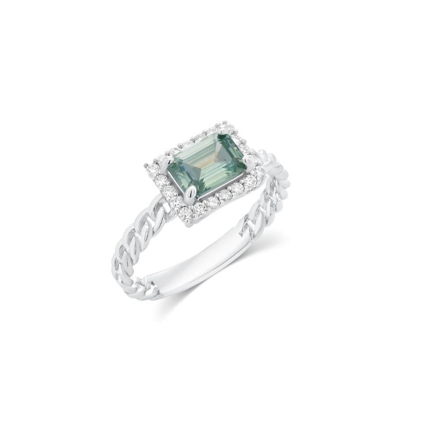 Rare Blue Green Emerald Cut Ring