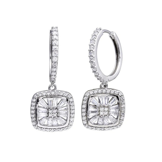 Halo Princess Cut Baguette Dangling Earrings